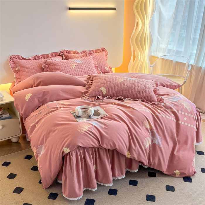 91家纺网 家纺一手货源 找家纺 缦彩 2025新款全棉加厚夹棉磨毛纯棉床裙套件公主风印花防滑床罩四件套-夹棉款 风中倩影-豆沙