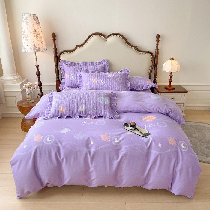 91家纺网 家纺一手货源 找家纺 缦彩 2025新款全棉加厚夹棉磨毛纯棉床裙套件公主风印花防滑床罩四件套-夹棉款 花信光夕紫