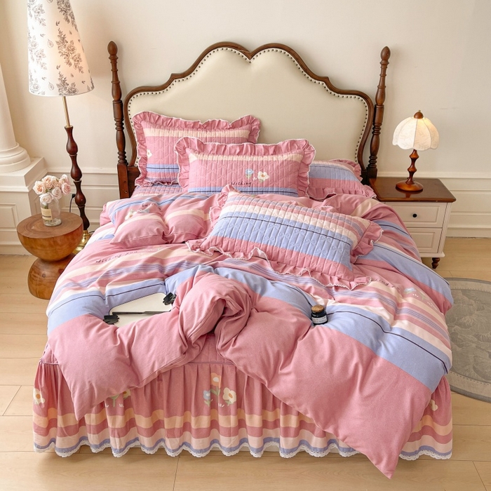 缦彩 2025新款全棉加厚夹棉磨毛纯棉床裙套件公主风印花防滑床罩四件套-夹棉款 浅忆雏菊粉