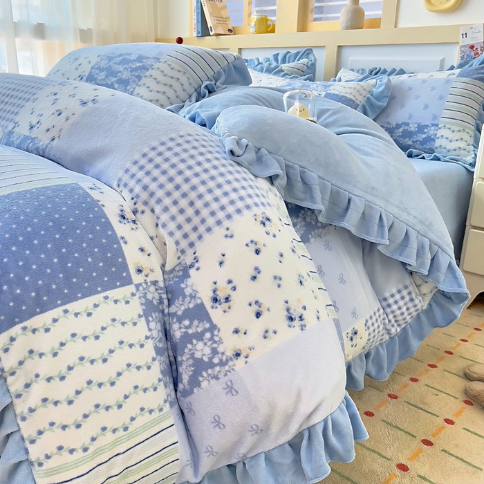 找底底家纺 2025新款韩版加厚8斤牛奶绒花边四件套（日发50套优惠10元一套） 田园蓝调