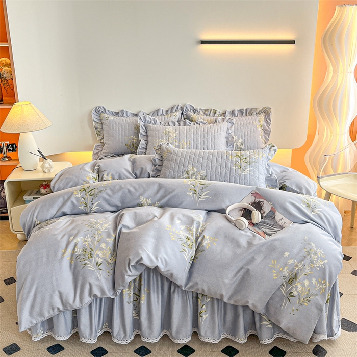 缦彩 2025新款全棉加厚夹棉磨毛纯棉床裙套件公主风印花防滑床罩四件套-夹棉款 抒情花季-灰