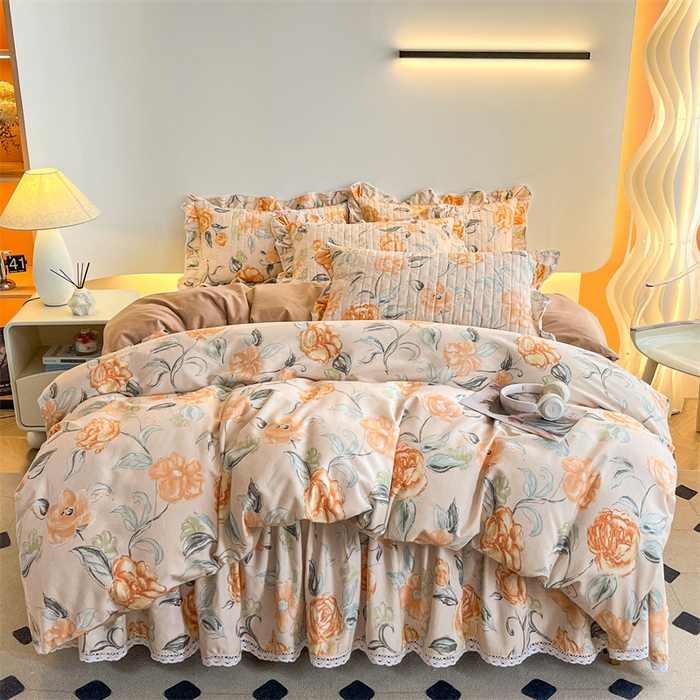 缦彩 2025新款全棉加厚夹棉磨毛纯棉床裙套件公主风印花防滑床罩四件套-夹棉款 苏菲庄园-桔