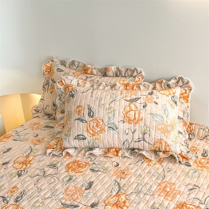 91家纺网 家纺一手货源 找家纺 缦彩 2025新款全棉加厚夹棉磨毛纯棉床裙套件公主风印花防滑床罩四件套-夹棉款 苏菲庄园-桔