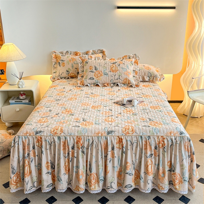 91家纺网 家纺一手货源 找家纺 缦彩 2025新款全棉加厚夹棉磨毛纯棉床裙套件公主风印花防滑床罩四件套-夹棉款 苏菲庄园-桔