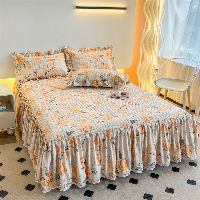 91家纺网 家纺一手货源 找家纺 缦彩 2025新款全棉加厚夹棉磨毛纯棉床裙套件公主风印花防滑床罩四件套-夹棉款 苏菲庄园-桔