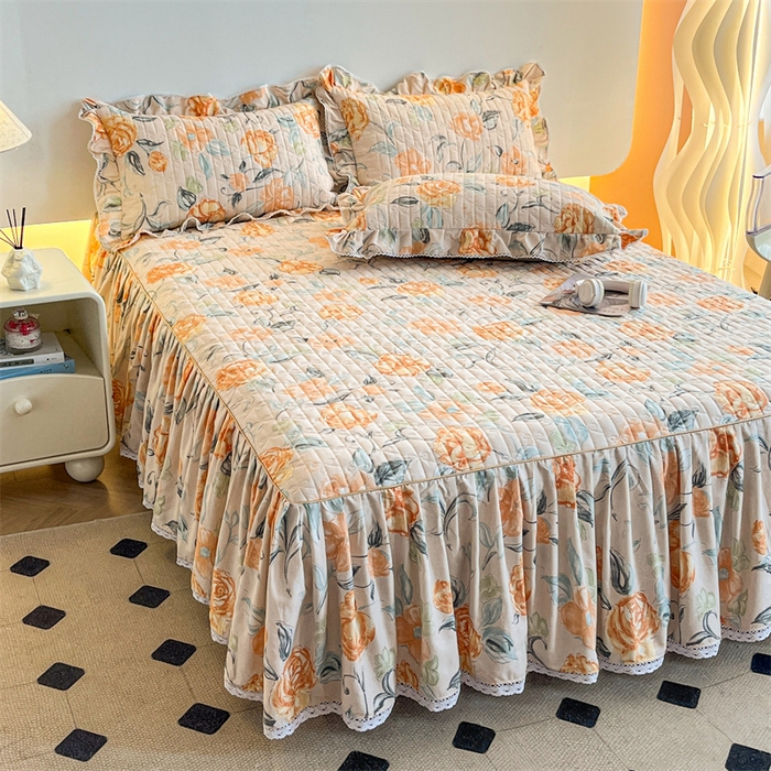 91家纺网 家纺一手货源 找家纺 缦彩 2025新款全棉加厚夹棉磨毛纯棉床裙套件公主风印花防滑床罩四件套-夹棉款 苏菲庄园-桔