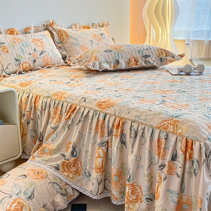 91家纺网 家纺一手货源 找家纺 缦彩 2025新款全棉加厚夹棉磨毛纯棉床裙套件公主风印花防滑床罩四件套-夹棉款 苏菲庄园-桔