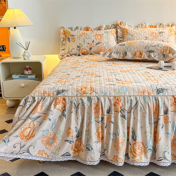 91家纺网 家纺一手货源 找家纺 缦彩 2025新款全棉加厚夹棉磨毛纯棉床裙套件公主风印花防滑床罩四件套-夹棉款 苏菲庄园-桔
