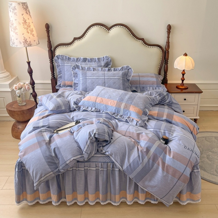 缦彩 2025新款全棉加厚夹棉磨毛纯棉床裙套件公主风印花防滑床罩四件套-夹棉款 索伦格