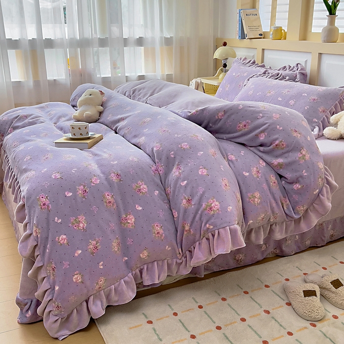 91家纺网 家纺一手货源 找家纺 找底底家纺 2025新款韩版加厚8斤牛奶绒花边四件套（日发50套优惠10元一套） 紫蔻