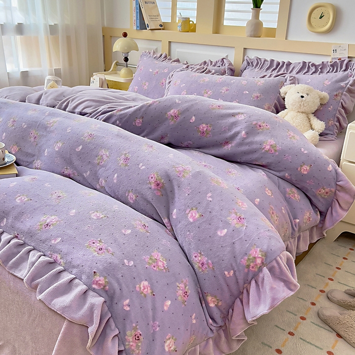 91家纺网 家纺一手货源 找家纺 找底底家纺 2025新款韩版加厚8斤牛奶绒花边四件套（日发50套优惠10元一套） 紫蔻