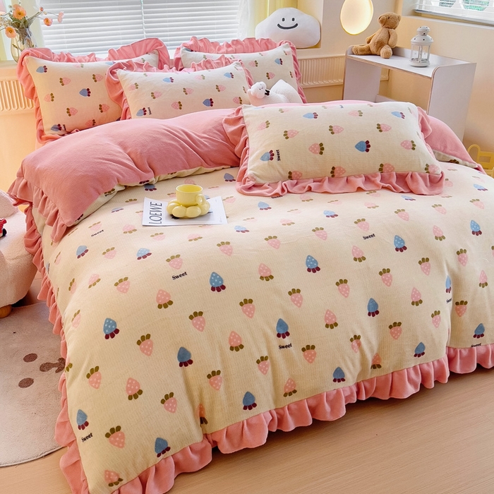 91家纺网 家纺一手货源 找家纺 找底底家纺 2025新款韩版加厚8斤牛奶绒花边四件套（日发50套优惠10元一套） 小萝卜