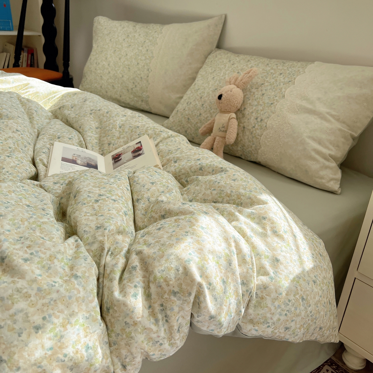 XIWEN-希文家纺 2025新款全棉淑女花边数码印花磨毛四件套 妃子笑-绿