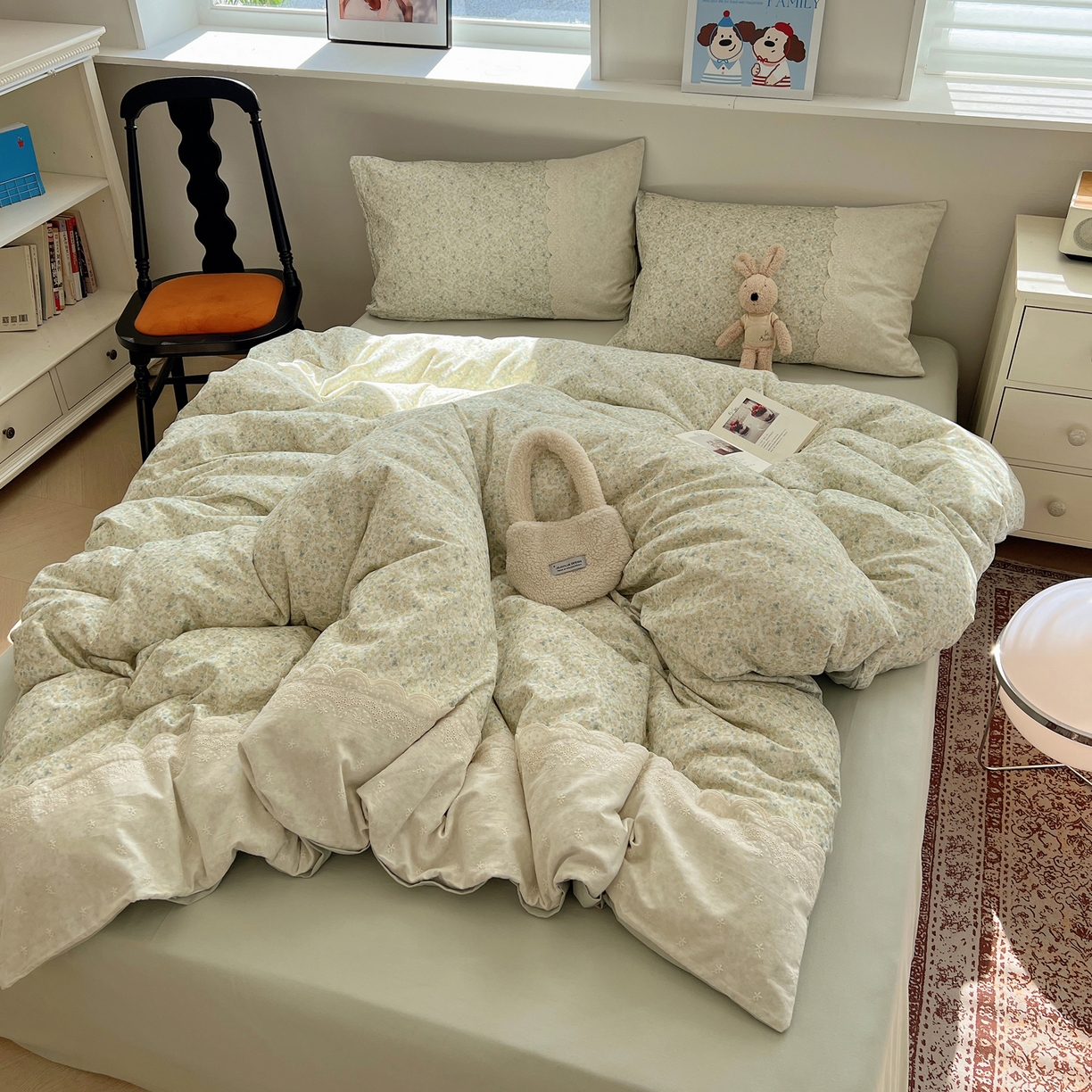 91家纺网 家纺一手货源 找家纺 XIWEN-希文家纺 2025新款全棉淑女花边数码印花磨毛四件套 妃子笑-绿