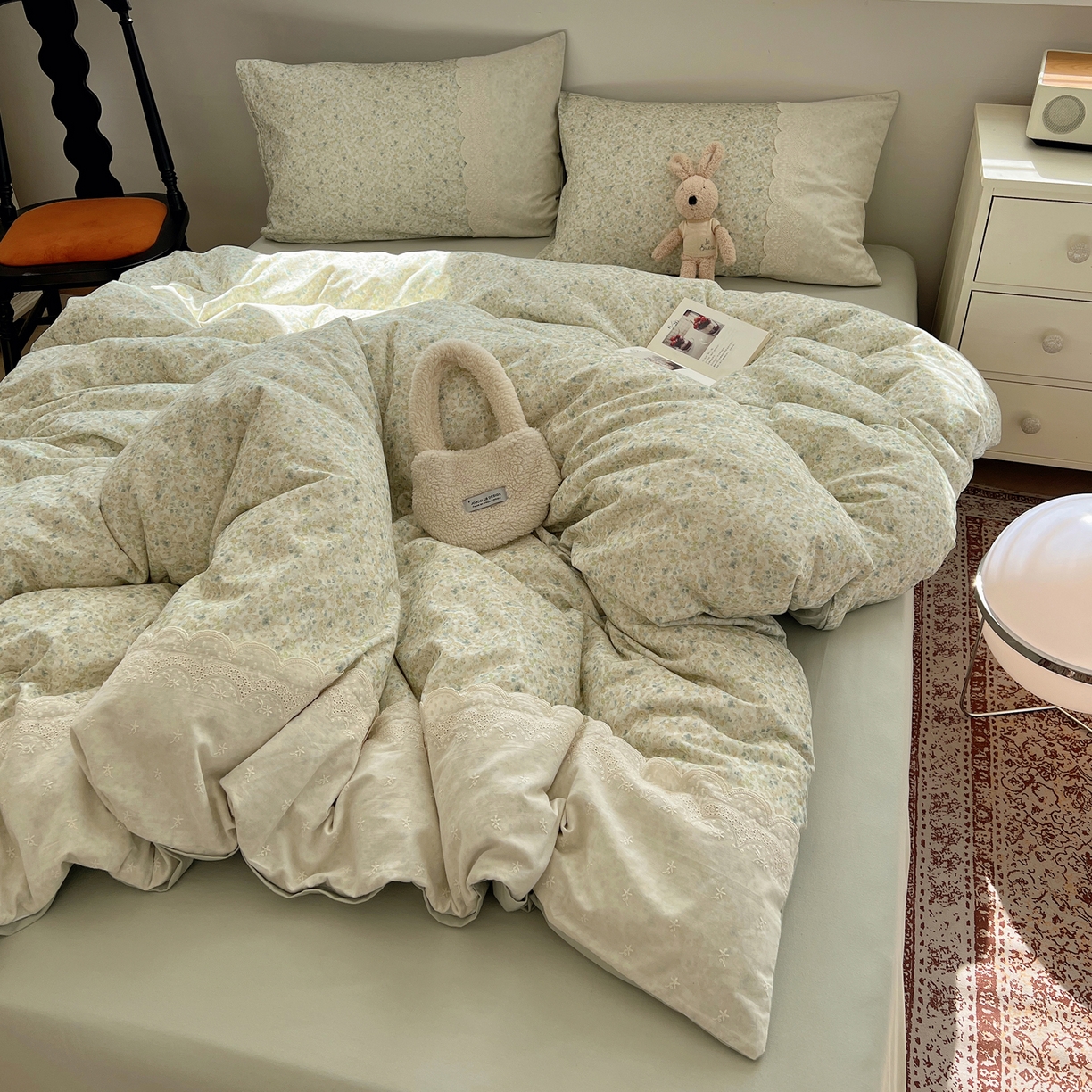 91家纺网 家纺一手货源 找家纺 XIWEN-希文家纺 2025新款全棉淑女花边数码印花磨毛四件套 妃子笑-绿