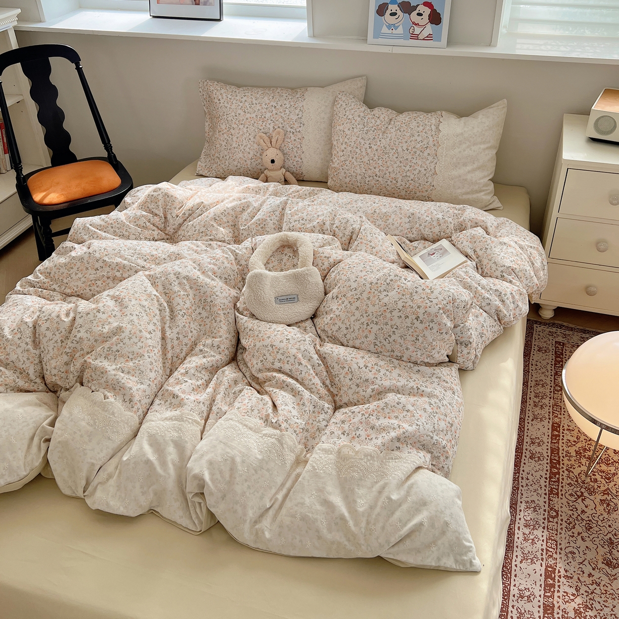 91家纺网 家纺一手货源 找家纺 XIWEN-希文家纺 2025新款全棉淑女花边数码印花磨毛四件套 浪漫人生-米