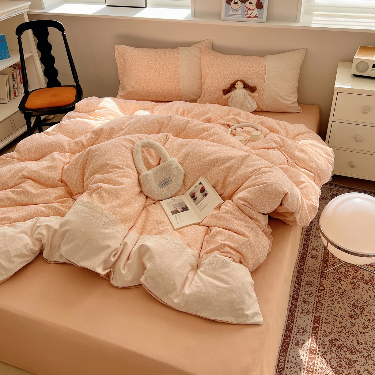 91家纺网 家纺一手货源 找家纺 XIWEN-希文家纺 2025新款全棉淑女花边数码印花磨毛四件套 情意绵绵-桔