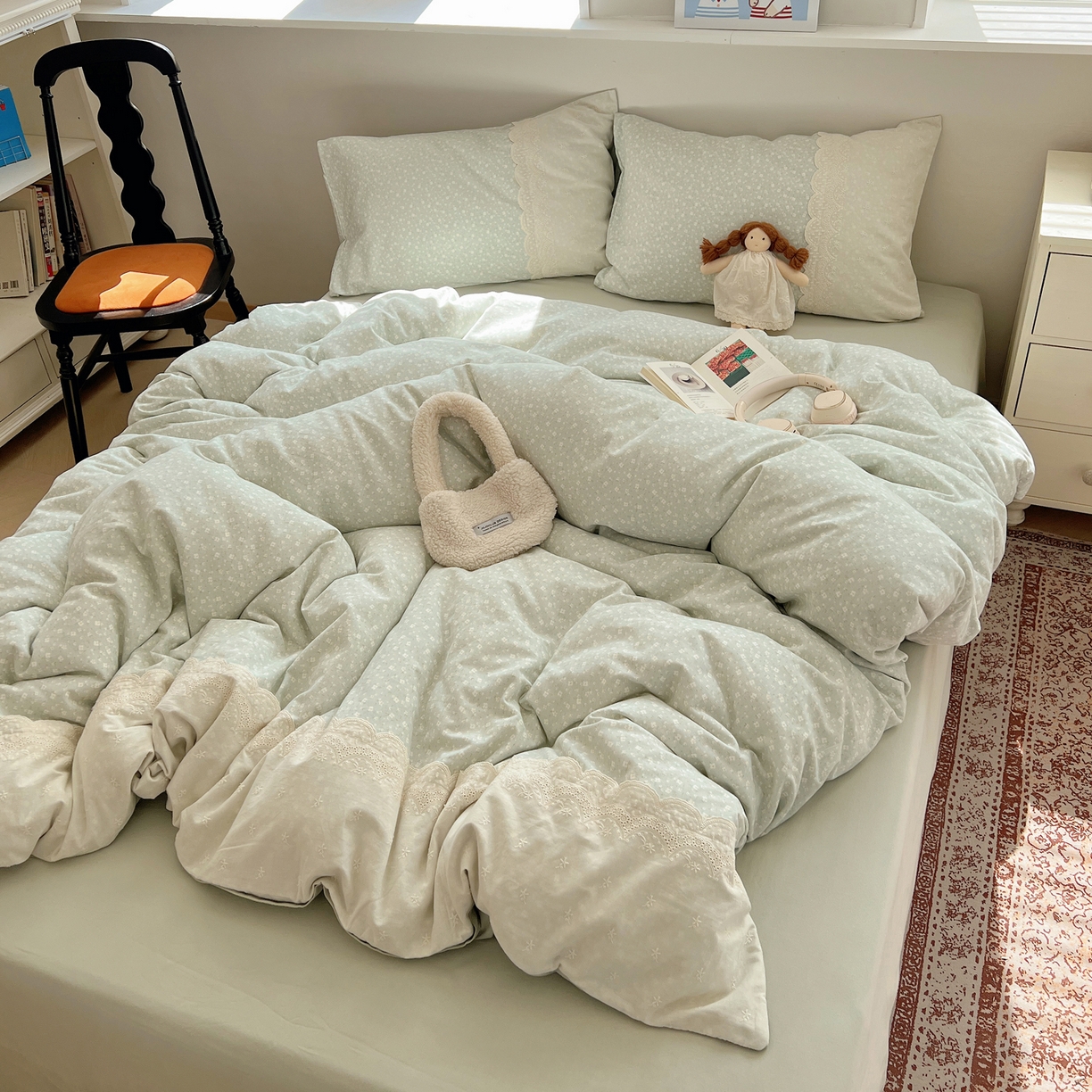 91家纺网 家纺一手货源 找家纺 XIWEN-希文家纺 2025新款全棉淑女花边数码印花磨毛四件套 小确幸-绿