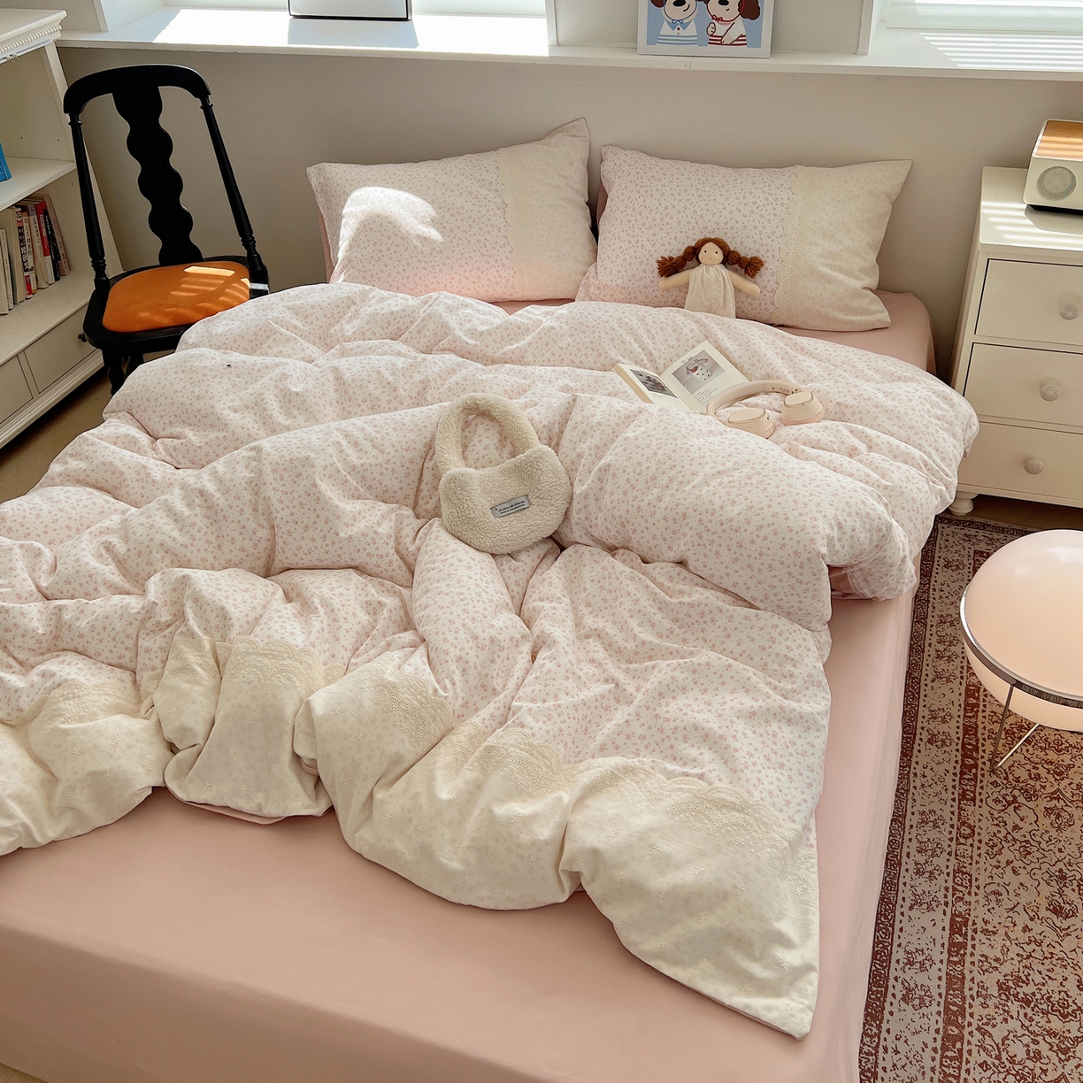 91家纺网 家纺一手货源 找家纺 XIWEN-希文家纺 2025新款全棉淑女花边数码印花磨毛四件套 小确幸-米粉