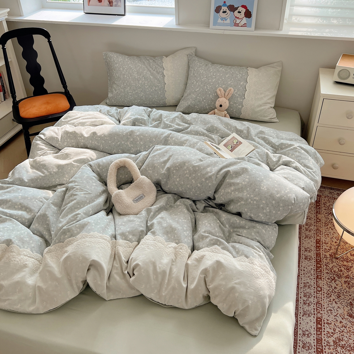 91家纺网 家纺一手货源 找家纺 XIWEN-希文家纺 2025新款全棉淑女花边数码印花磨毛四件套 星愿-绿