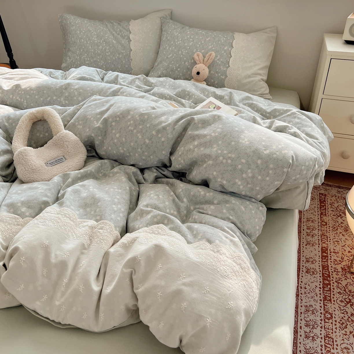 91家纺网 家纺一手货源 找家纺 XIWEN-希文家纺 2025新款全棉淑女花边数码印花磨毛四件套 星愿-绿