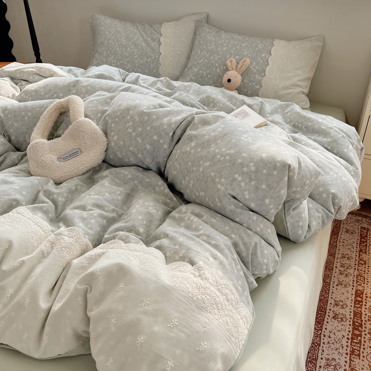 91家纺网 家纺一手货源 找家纺 XIWEN-希文家纺 2025新款全棉淑女花边数码印花磨毛四件套 星愿-绿