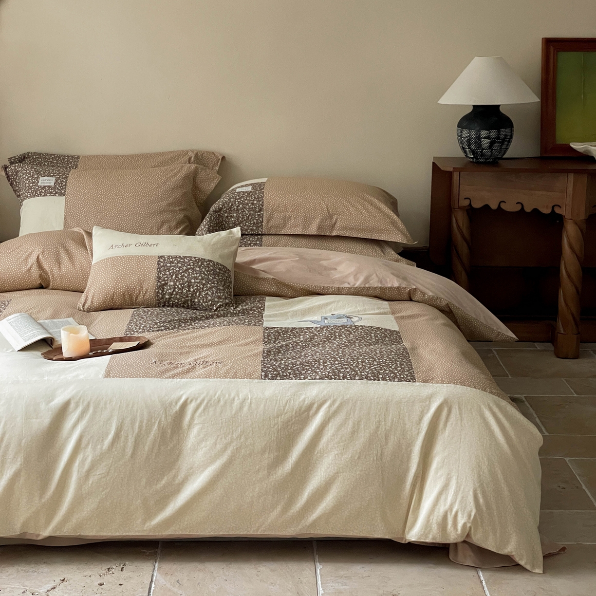 FORTWO家纺原创设计（FOR TWO家纺） 2025新款全棉纯棉百家布水洗棉印花绣花拼接款四件套 美拉德咖