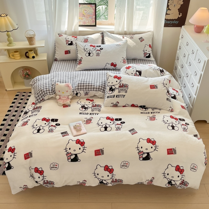 91家纺网 家纺一手货源 找家纺 三朵家纺 2025新款三丽鸥印花牛奶绒四件套 凯蒂公主