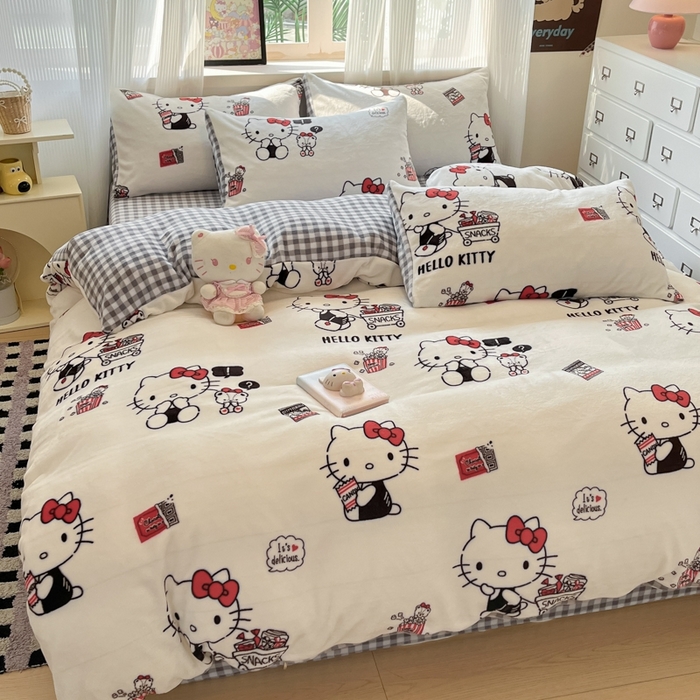 91家纺网 家纺一手货源 找家纺 三朵家纺 2025新款三丽鸥印花牛奶绒四件套 凯蒂公主