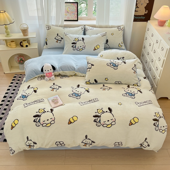 91家纺网 家纺一手货源 找家纺 三朵家纺 2025新款三丽鸥印花牛奶绒四件套 美好帕恰