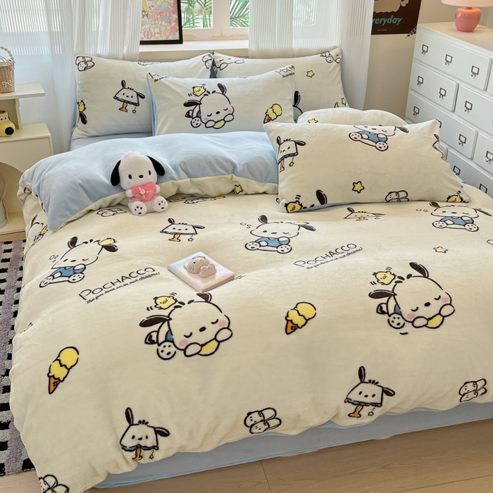 91家纺网 家纺一手货源 找家纺 三朵家纺 2025新款三丽鸥印花牛奶绒四件套 美好帕恰