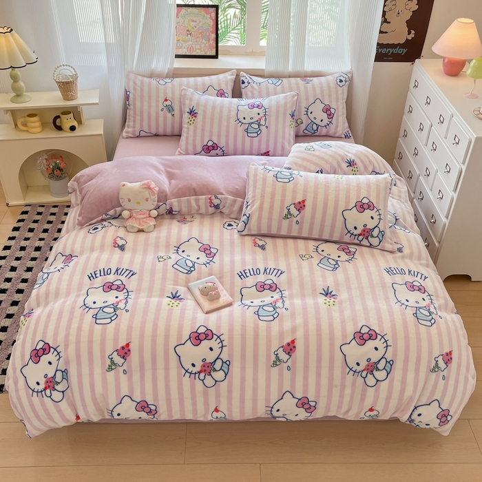 91家纺网 家纺一手货源 找家纺 三朵家纺 2025新款三丽鸥印花牛奶绒四件套 甜蜜公主KT