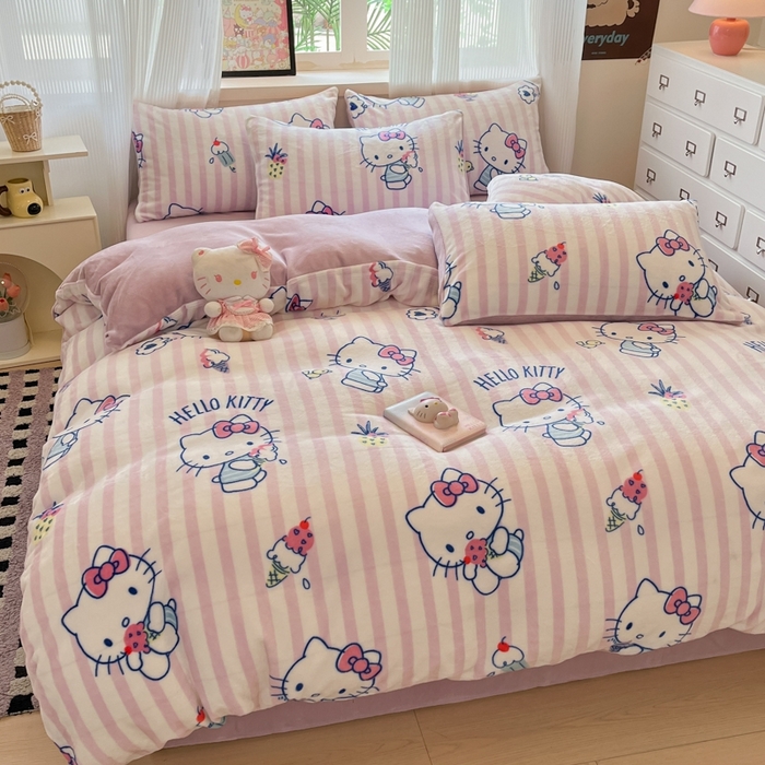 91家纺网 家纺一手货源 找家纺 三朵家纺 2025新款三丽鸥印花牛奶绒四件套 甜蜜公主KT