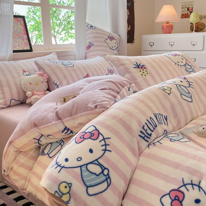 91家纺网 家纺一手货源 找家纺 三朵家纺 2025新款三丽鸥印花牛奶绒四件套 甜蜜公主KT