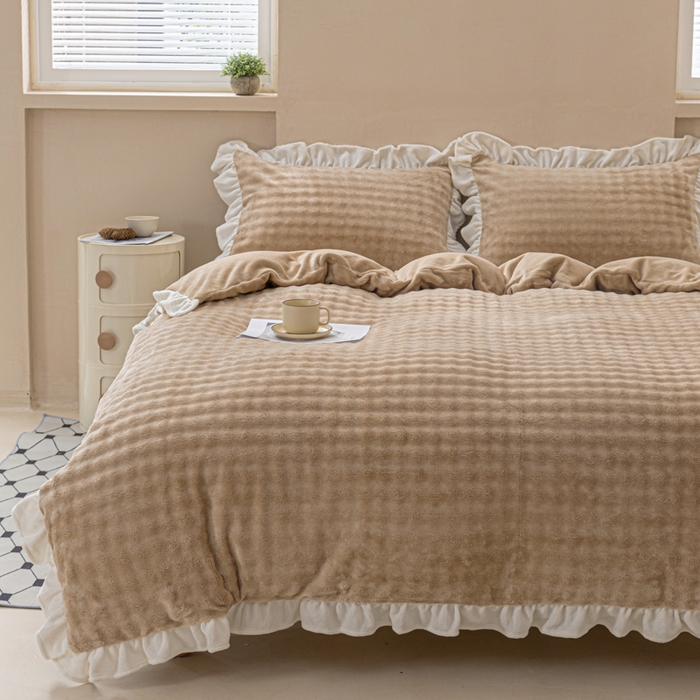 91家纺网 家纺一手货源 找家纺 （总）恩和家纺 2025新款泡泡牛奶绒荷叶边款四件套