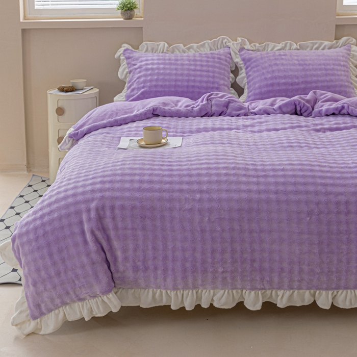 91家纺网 家纺一手货源 找家纺 （总）恩和家纺 2025新款泡泡牛奶绒荷叶边款四件套