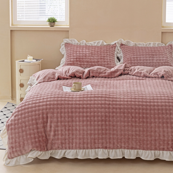 恩和家纺 2025新款泡泡牛奶绒荷叶边款四件套 泡泡绒飞边款豆沙