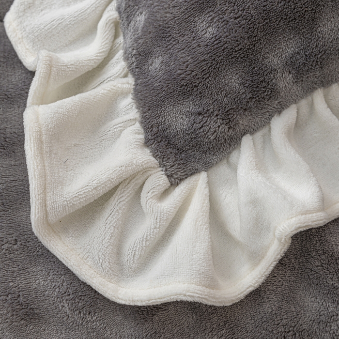 91家纺网 家纺一手货源 找家纺 恩和家纺 2025新款泡泡牛奶绒荷叶边款四件套 泡泡绒飞边深灰