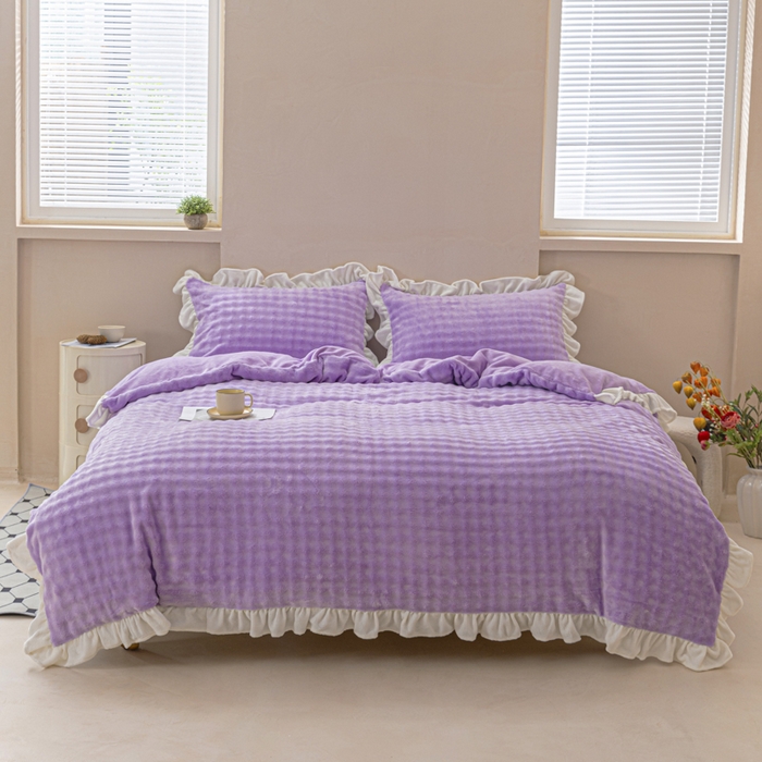 91家纺网 家纺一手货源 找家纺 恩和家纺 2025新款泡泡牛奶绒荷叶边款四件套 泡泡绒飞边款紫色