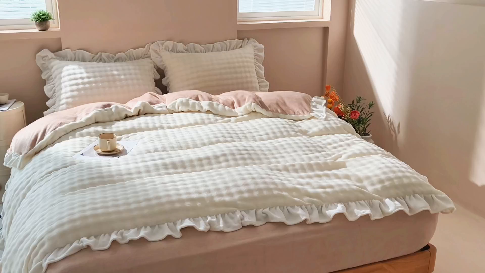 91家纺网 家纺一手货源 找家纺 恩和家纺 2025新款泡泡牛奶绒荷叶边款四件套 泡泡绒飞边米白咖