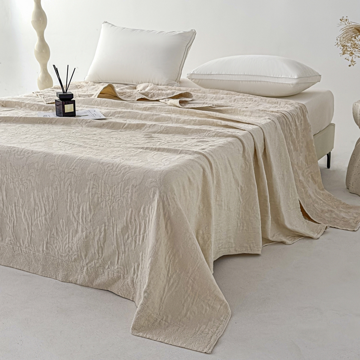 91家纺网 家纺一手货源 找家纺 悦然毛巾被 2025全棉欧式提花纱布毛巾被毛毯-洛可可 洛可可杏白