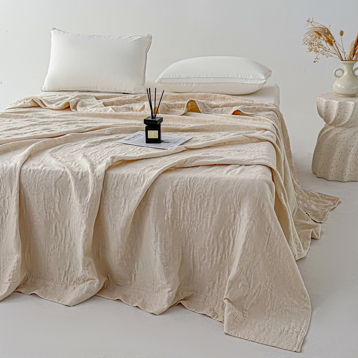 91家纺网 家纺一手货源 找家纺 悦然毛巾被 2025全棉欧式提花纱布毛巾被毛毯-洛可可 洛可可杏白