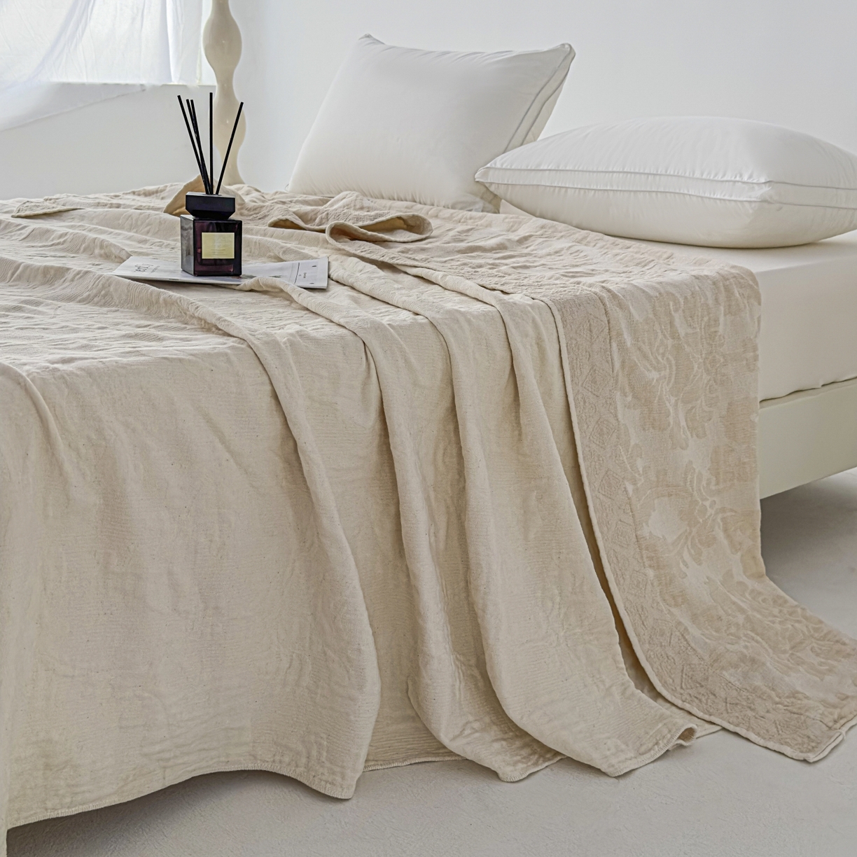 91家纺网 家纺一手货源 找家纺 悦然毛巾被 2025全棉欧式提花纱布毛巾被毛毯-洛可可 洛可可杏白