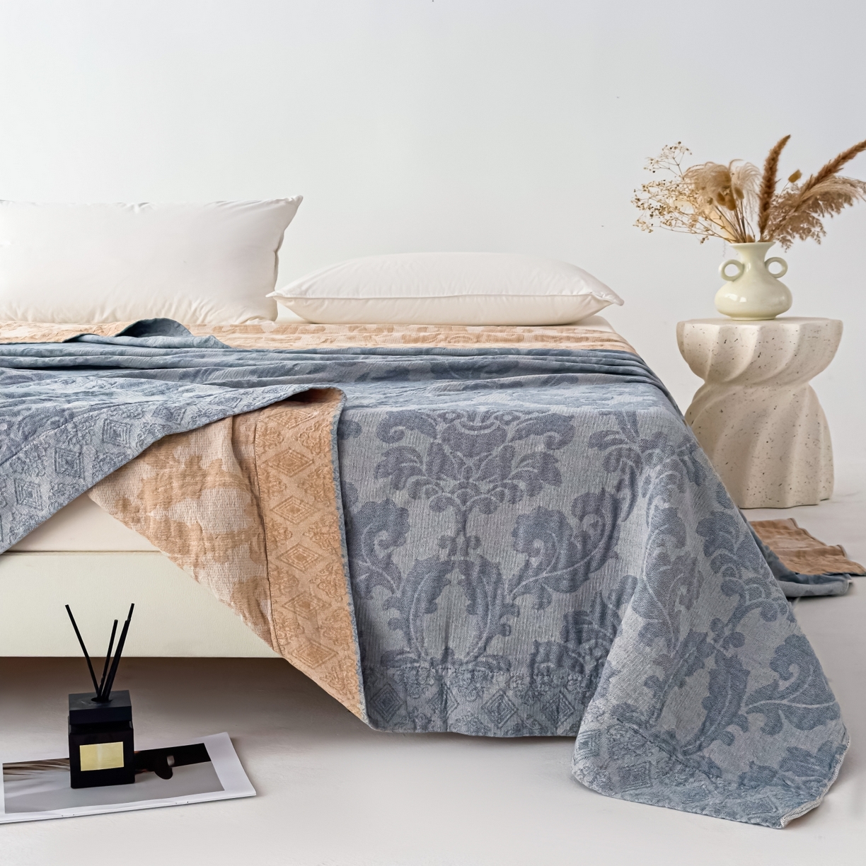 91家纺网 家纺一手货源 找家纺 悦然毛巾被 2025全棉欧式提花纱布毛巾被毛毯-洛可可 洛可可雾蓝