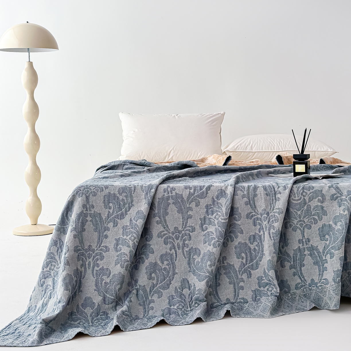 91家纺网 家纺一手货源 找家纺 悦然毛巾被 2025全棉欧式提花纱布毛巾被毛毯-洛可可 洛可可雾蓝