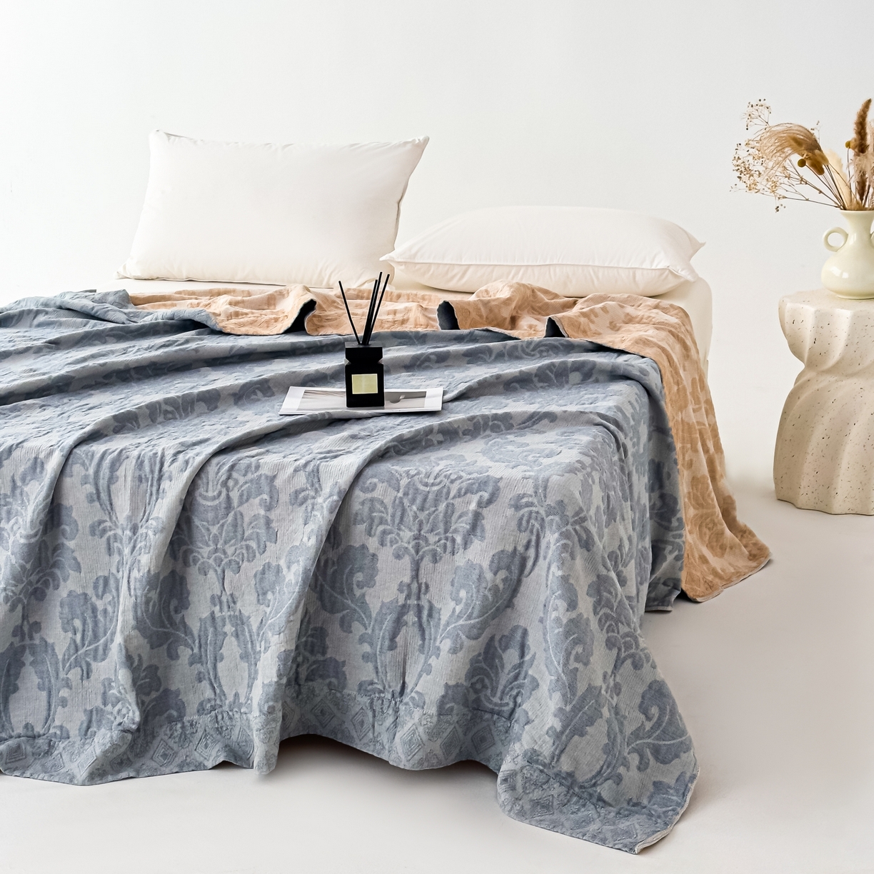 91家纺网 家纺一手货源 找家纺 悦然毛巾被 2025全棉欧式提花纱布毛巾被毛毯-洛可可 洛可可雾蓝