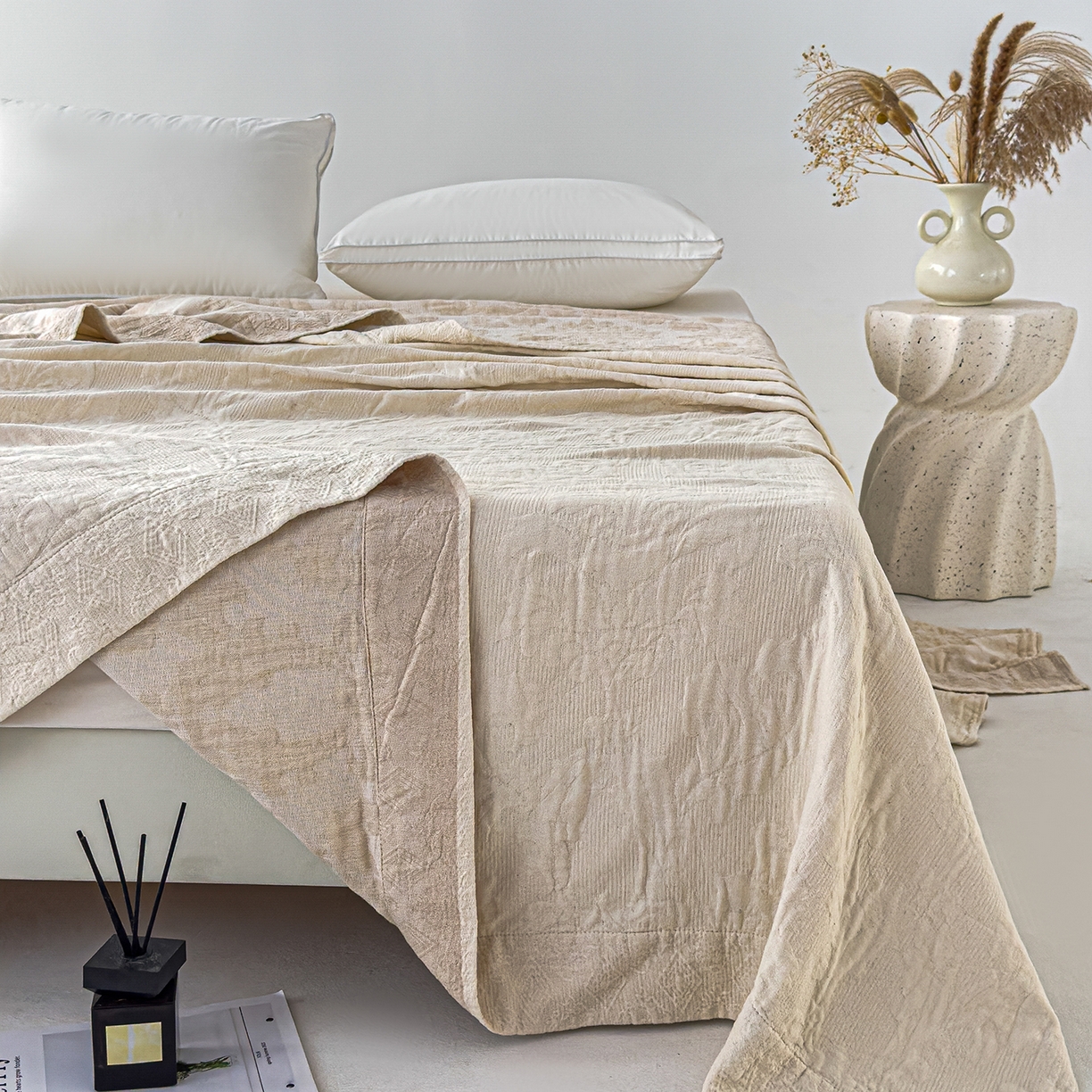 91家纺网 家纺一手货源 找家纺 悦然毛巾被 2025全棉欧式提花纱布毛巾被毛毯-洛可可 洛可可杏白