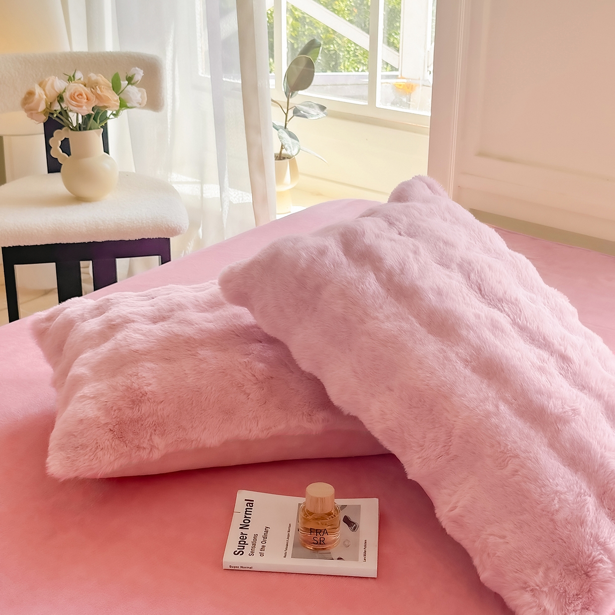 91家纺网 家纺一手货源 找家纺 品乐家纺 2025新款简约纯色A类220克泡泡兔绒四件套 纯色-粉黛