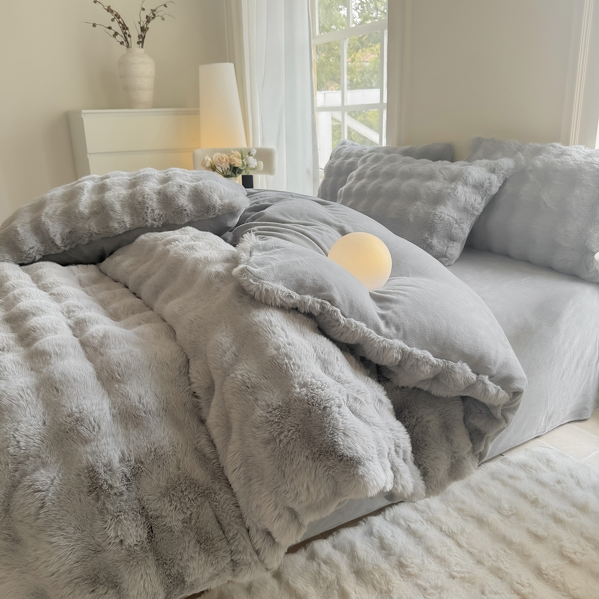 91家纺网 家纺一手货源 找家纺 品乐家纺 2025新款简约纯色A类220克泡泡兔绒四件套 纯色-太空灰