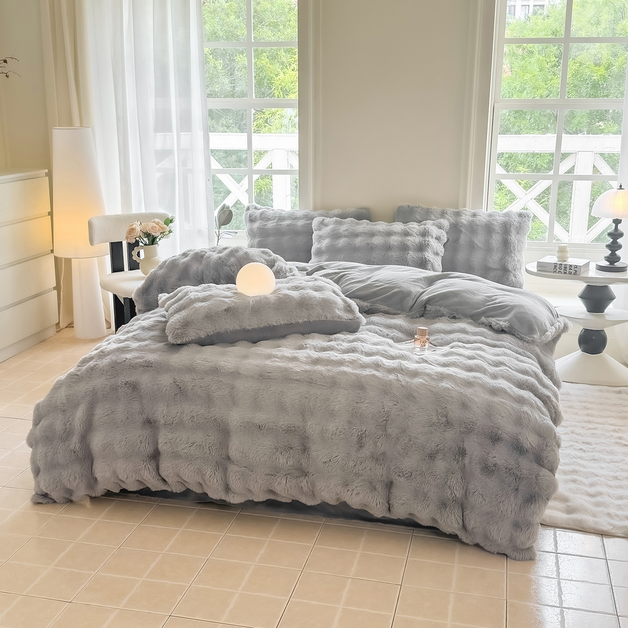 91家纺网 家纺一手货源 找家纺 品乐家纺 2025新款简约纯色A类220克泡泡兔绒四件套 纯色-太空灰